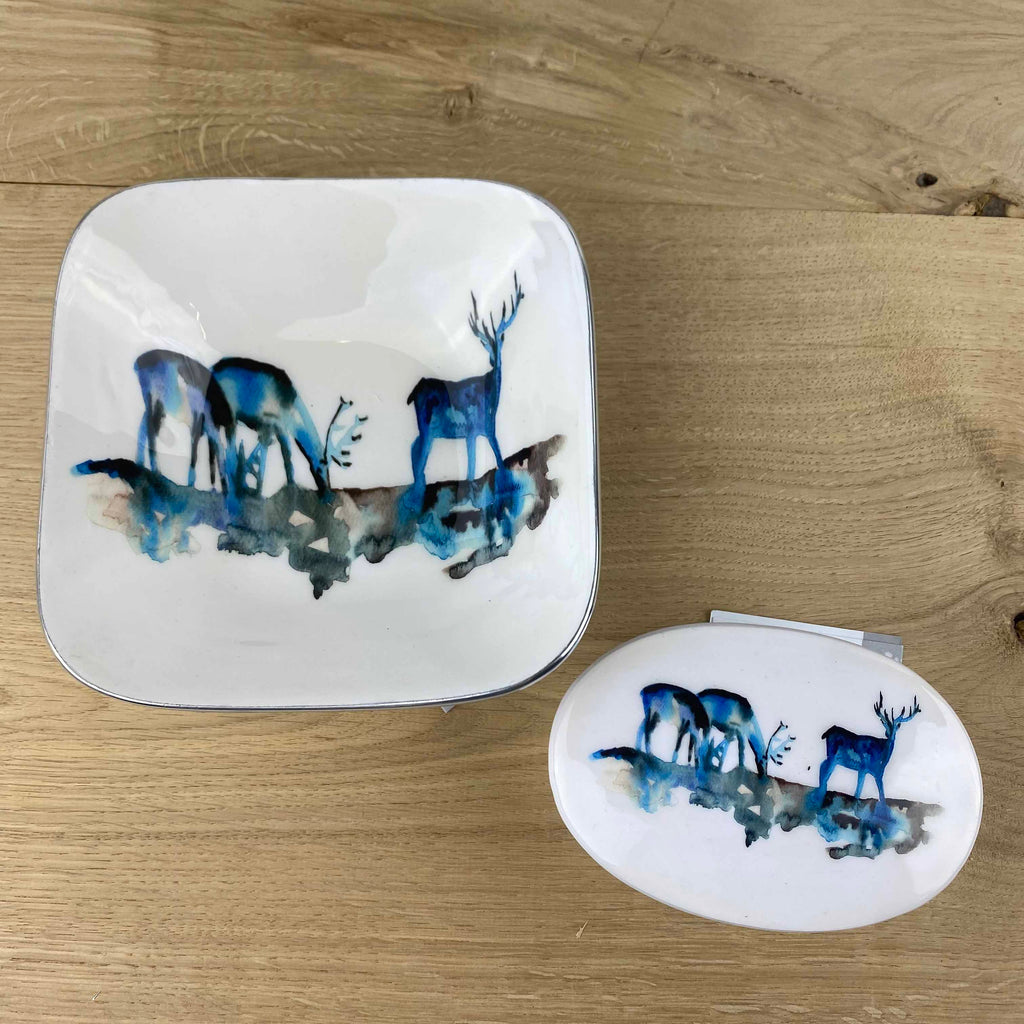 Blue Stag Square Bowl by Tilnar Arts, fair trade producer, India