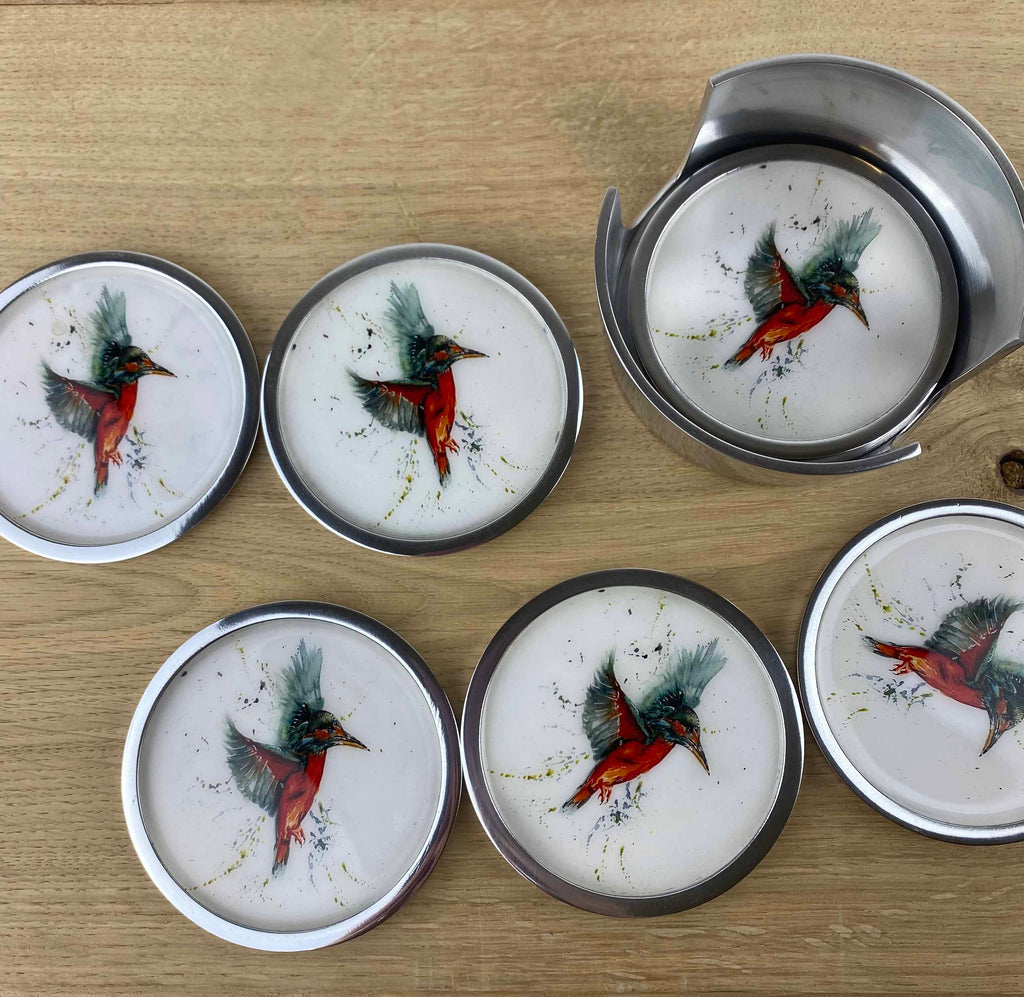 Kingfisher Coasters set of 6 by Tilnar Arts, fair trade producer, India
