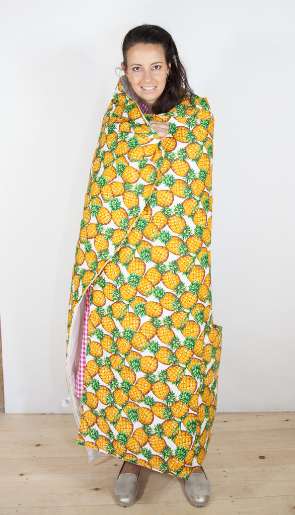 Pineapples Secret Pillow with yellow lining - a pillow that unfolds into a blanket